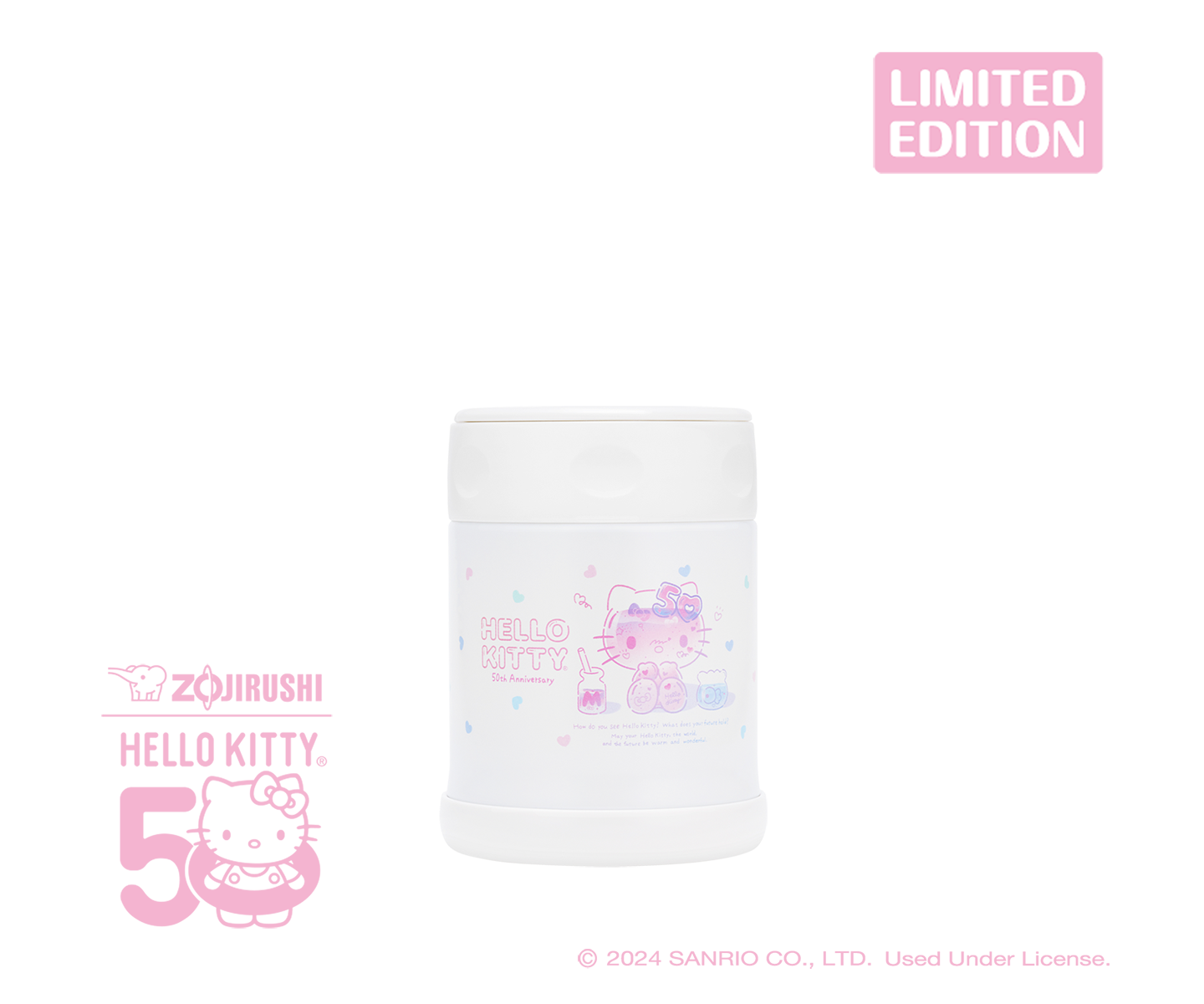 The limited edition HELLO KITTY® 50th Anniversary Stainless Steel Food Jar features vacuum insulation to keep foods or beverages hot or cold for hours. Great for holding hot meals, soups, oatmeal, cold desserts and much more. Together with the matching mug, it makes lunchtime fun!