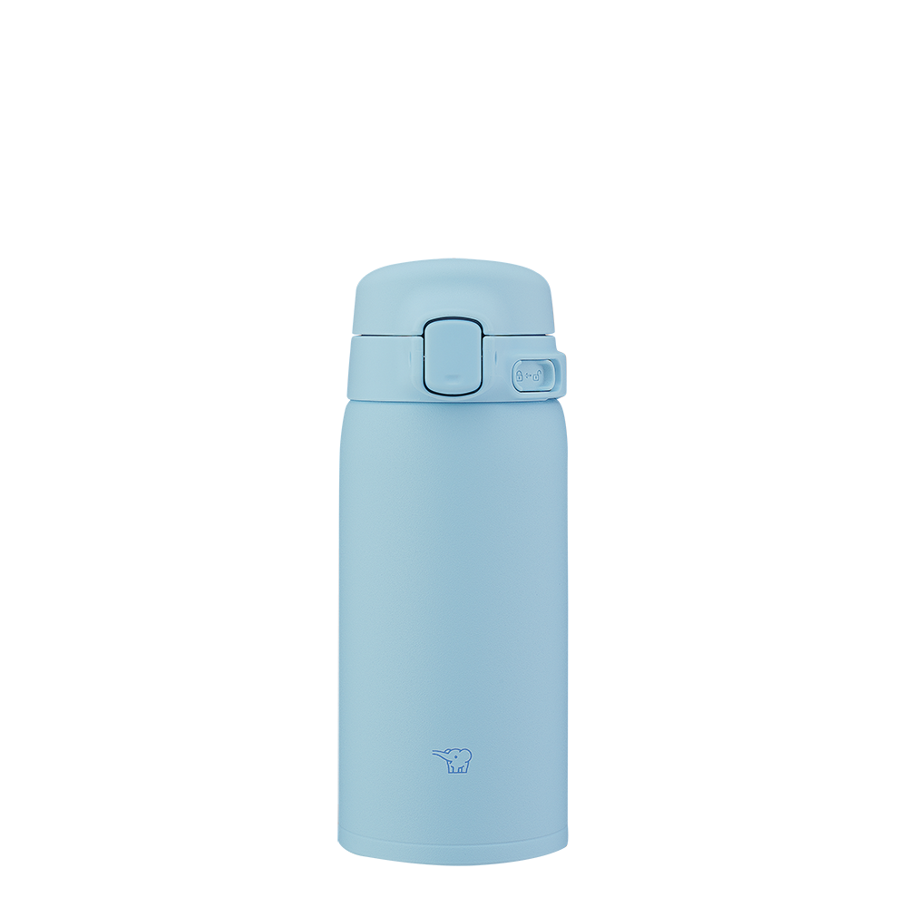 Light blue thermos bottle on a white background