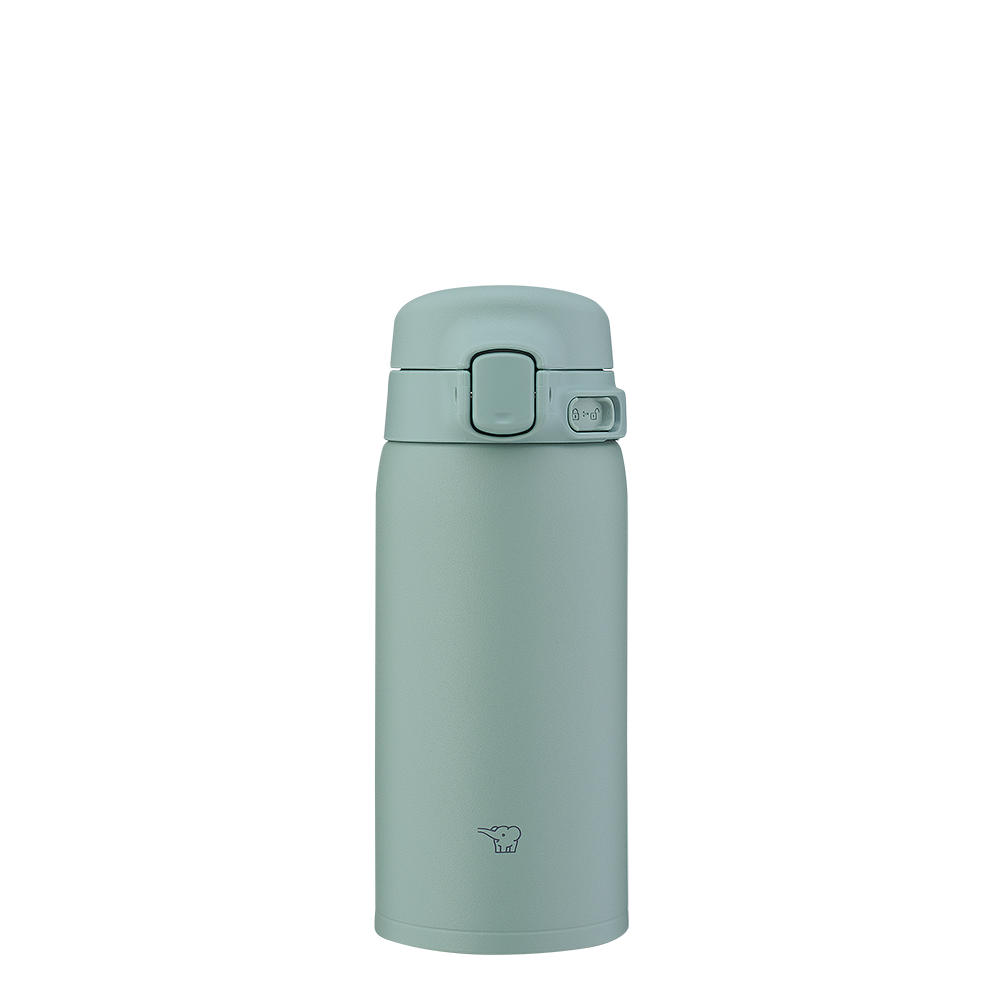 Green thermos bottle on a white background