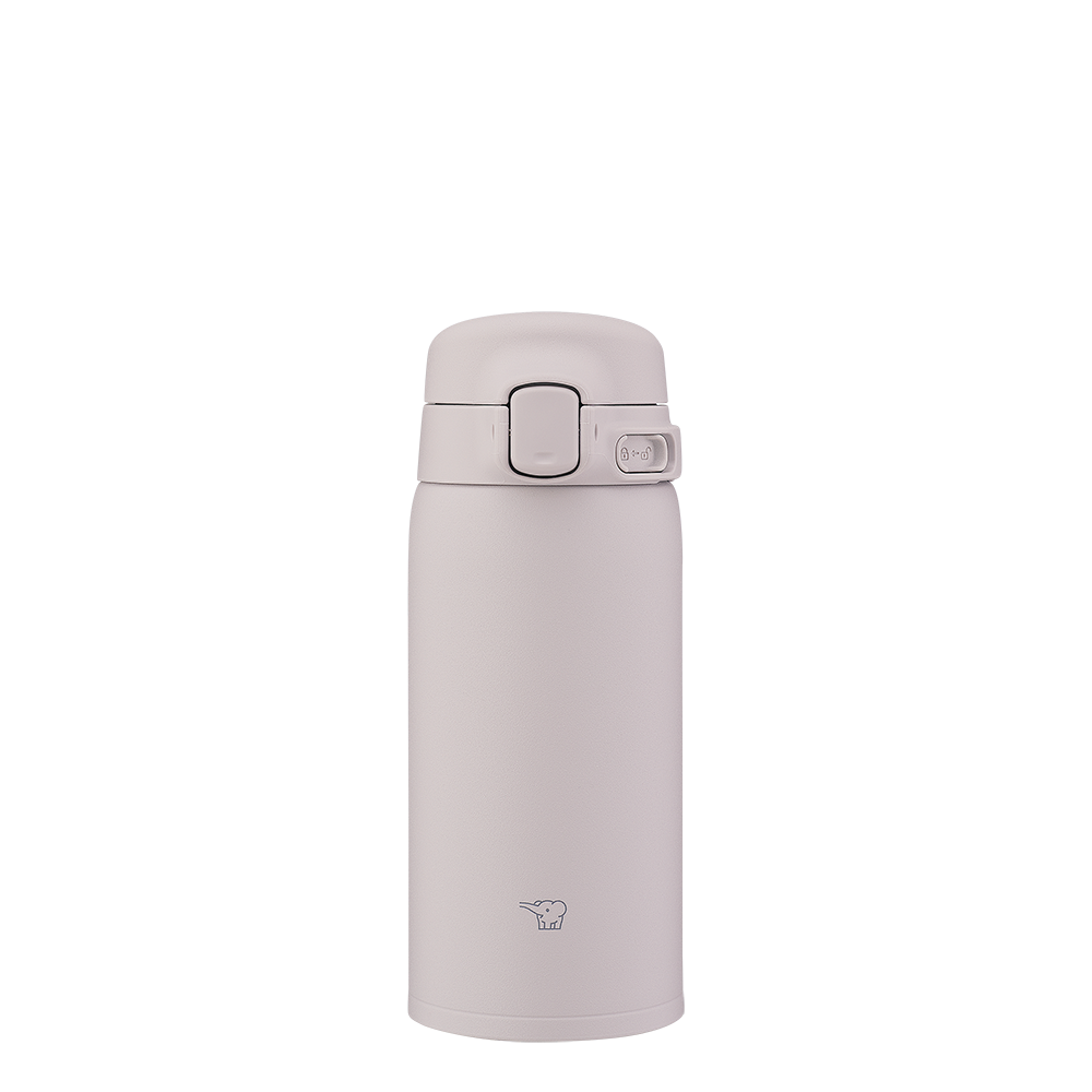 Light gray thermos bottle with a lid on a white background