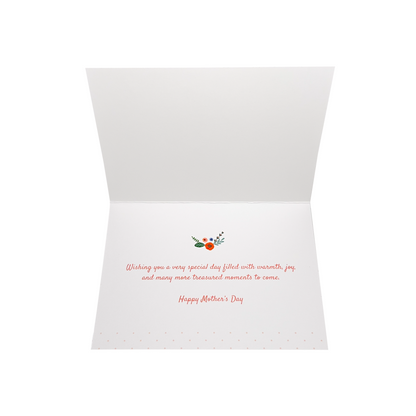 Inside of the Mother's Day Greeting Card: Wishing you a very special day filled with warmth, joy, and many more treasured moments to come. Happy Mother's Day