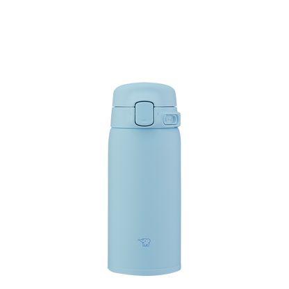 Light blue thermos bottle on a white background