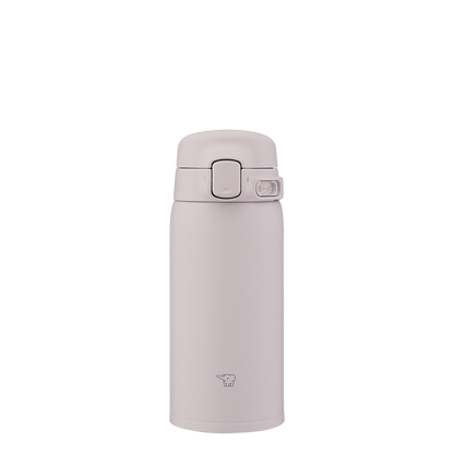 Light gray thermos bottle with a lid on a white background