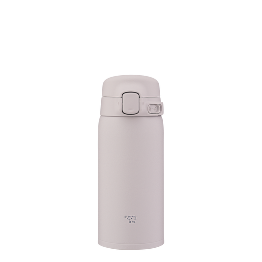 Light gray thermos bottle with a lid on a white background